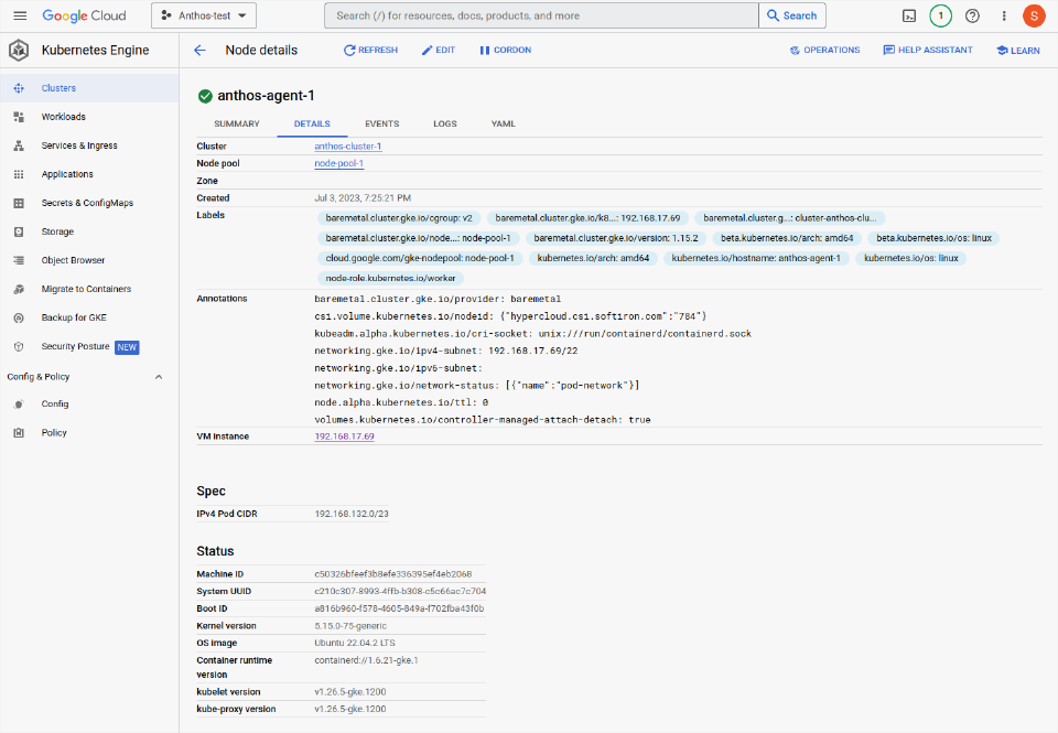 Detailed dashboard view of a node in Anthos