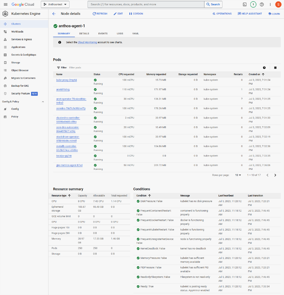 Dashboard view of workload in a single node in Anthos