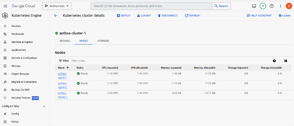 Dashboard view of cluster nodes in Anthos