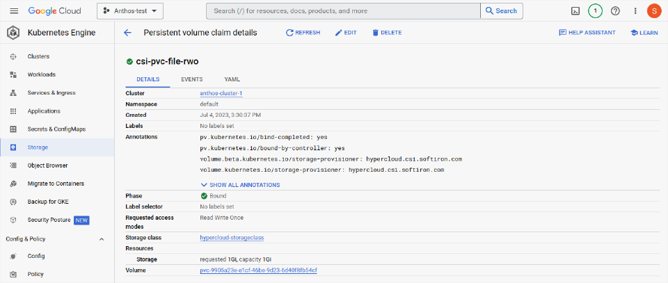 Dashboard view of a HyperCloud persistent storage volume in Anthos