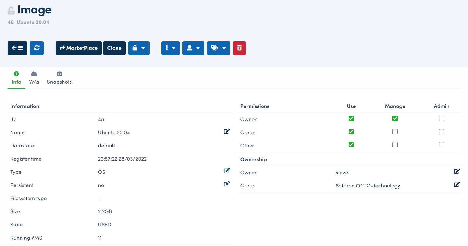 Screenshot of the Ubuntu VM template overview page in HyperCloud Dashboard