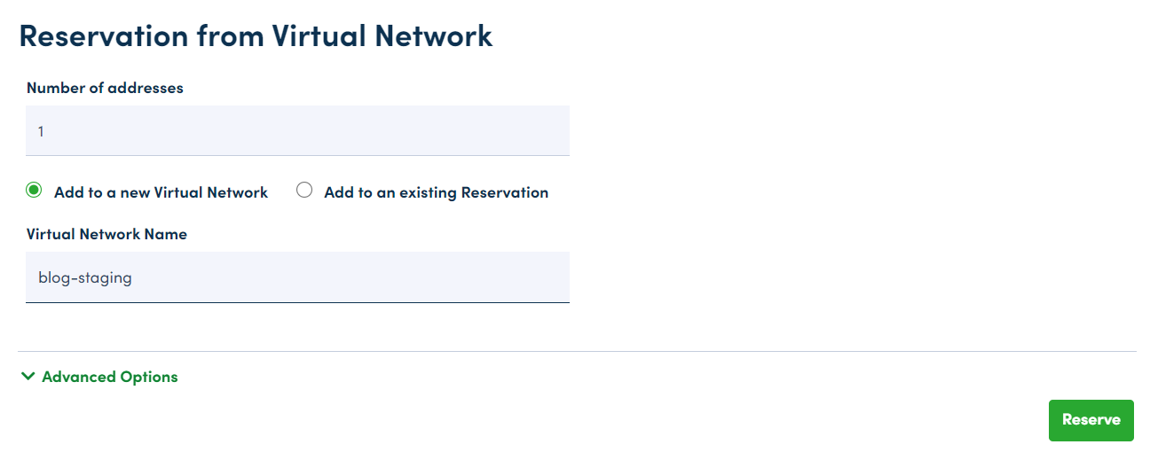 Screenshot of the Virtual Network reservation options in HyperCloud Dashboard