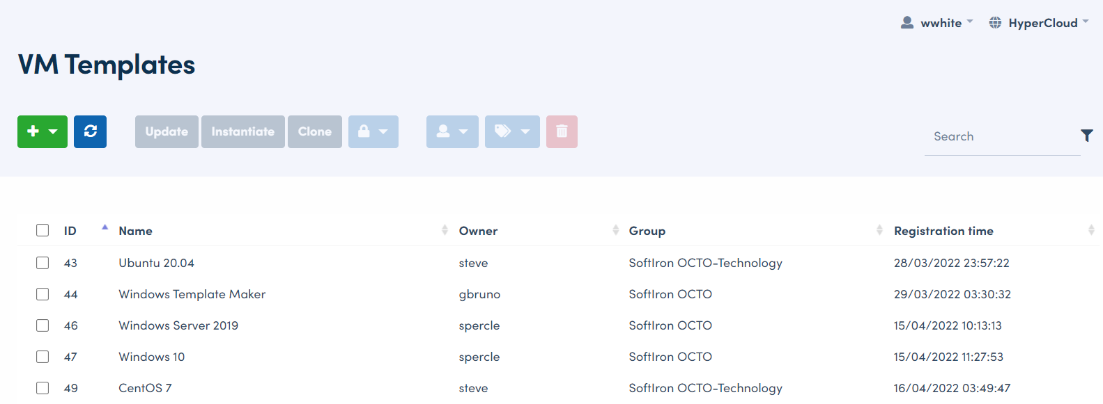 Screenshot of a VM template list in HyperCloud Dashboard