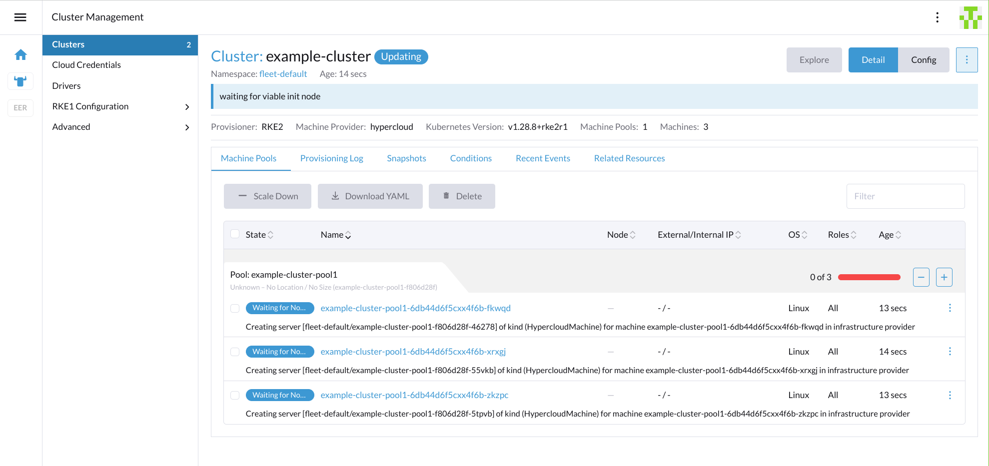 Deployment status of VMs in the Rancher UI