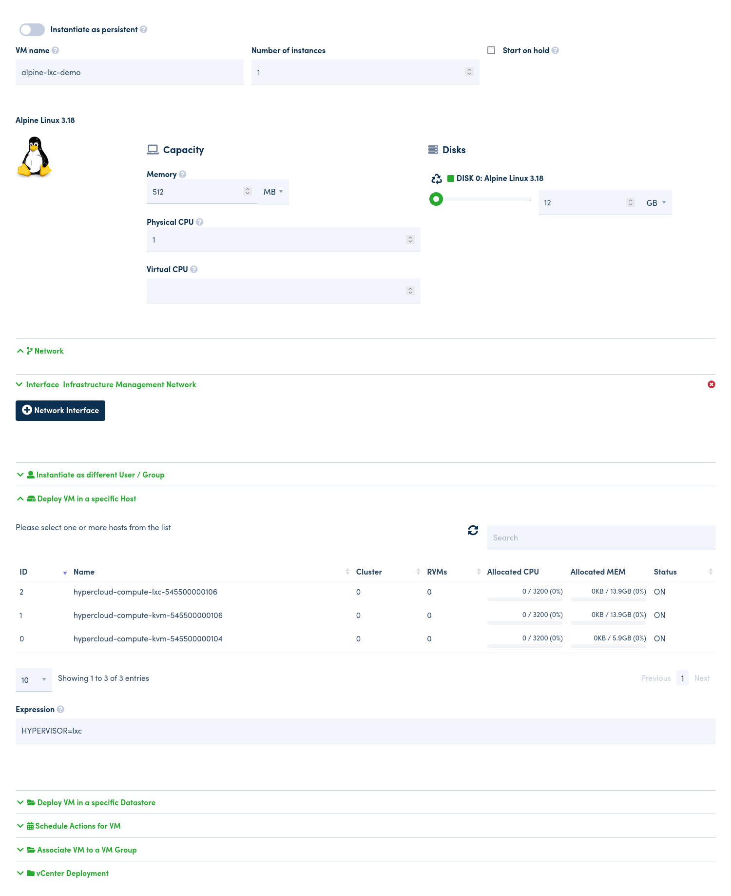 The Glasshouse VM instantiation form