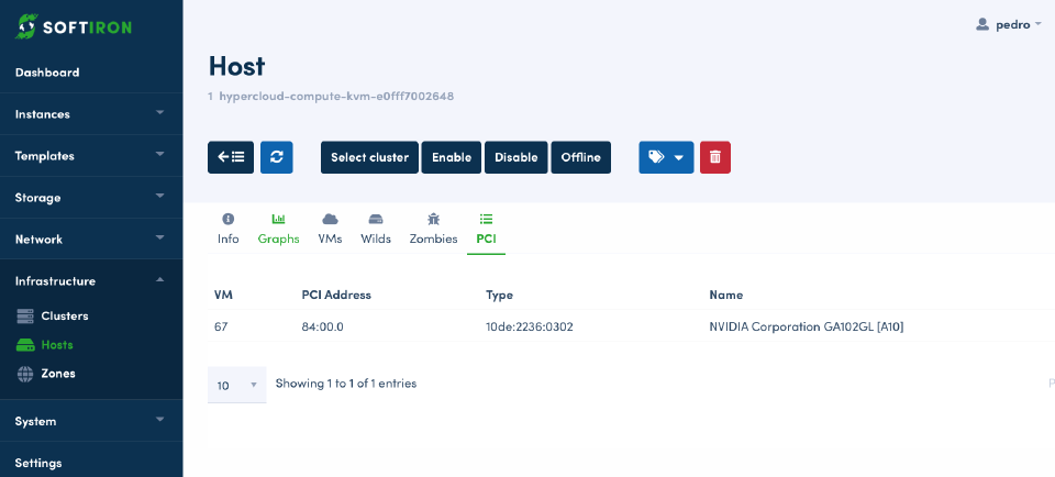 HyperCloud screenshot showing PCI devices on a host